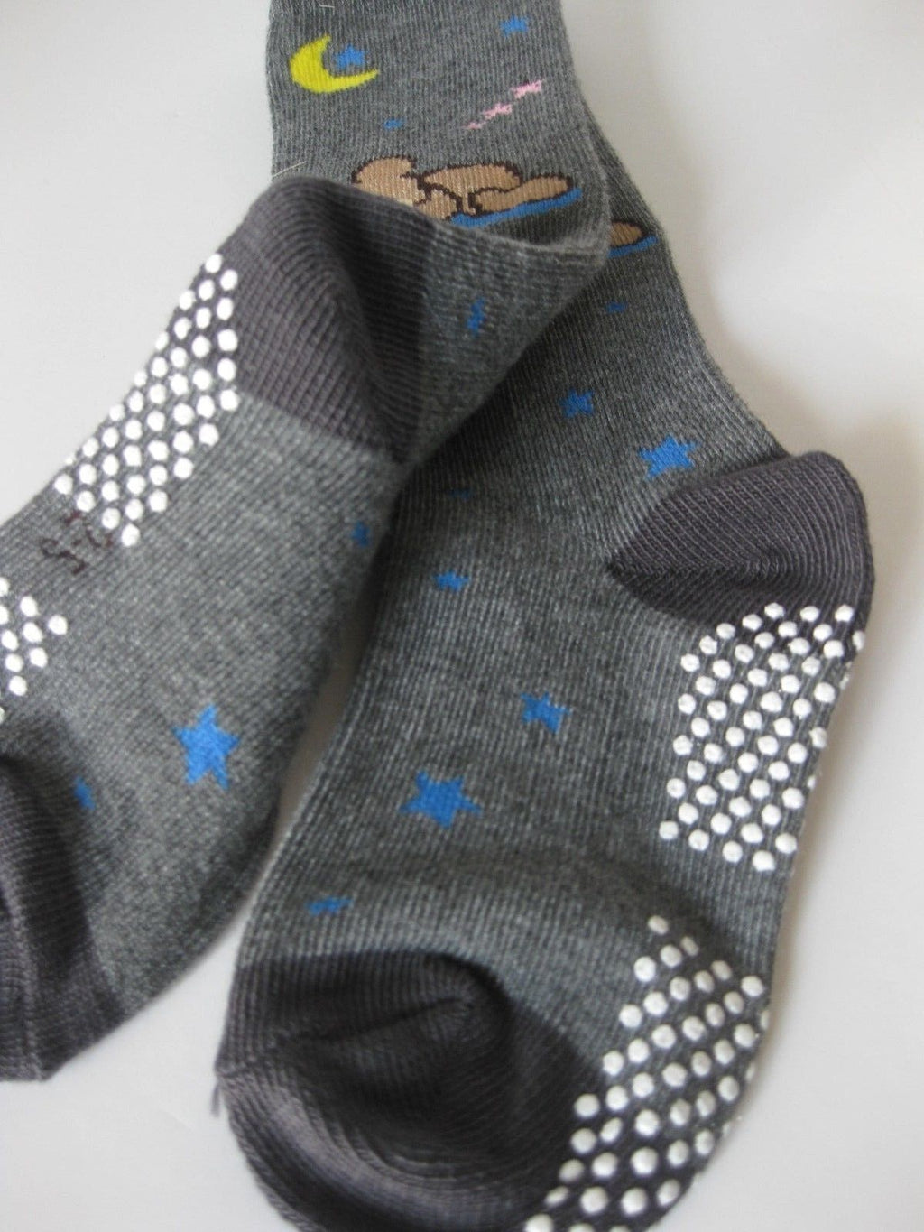 Non-Slip Socks for Kids 2-5 | Grip Socks for Active Child-Gray bear socks — dark gray sleeping bear