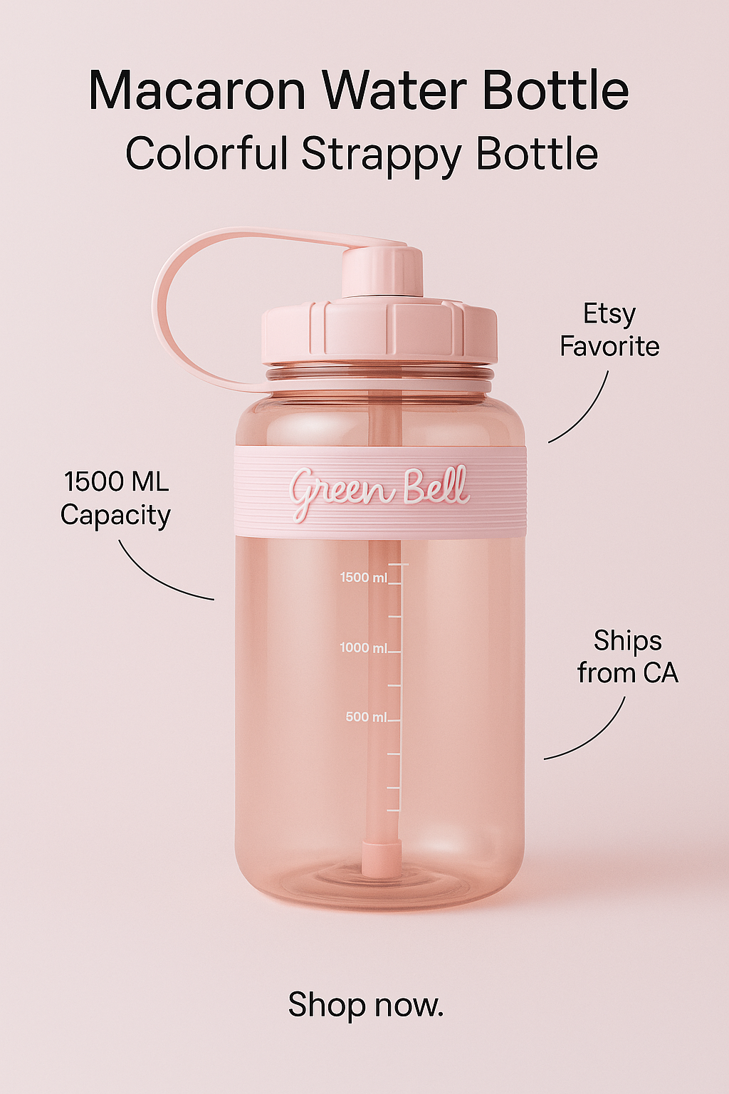 1500ML Macaron Rose Water Bottle – Leakproof BPA-Free Water Bottle with level Markers