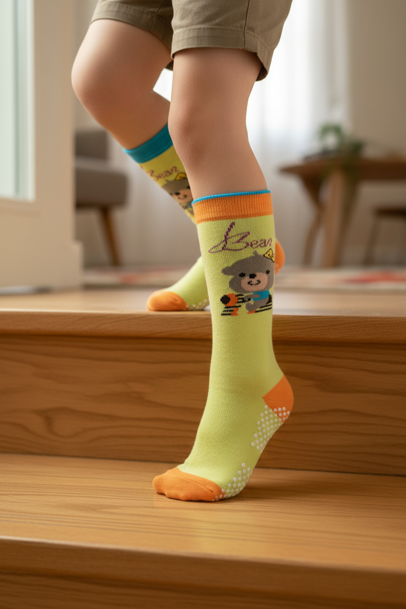 Boy walking down stairs - Lime Green Bear Socks