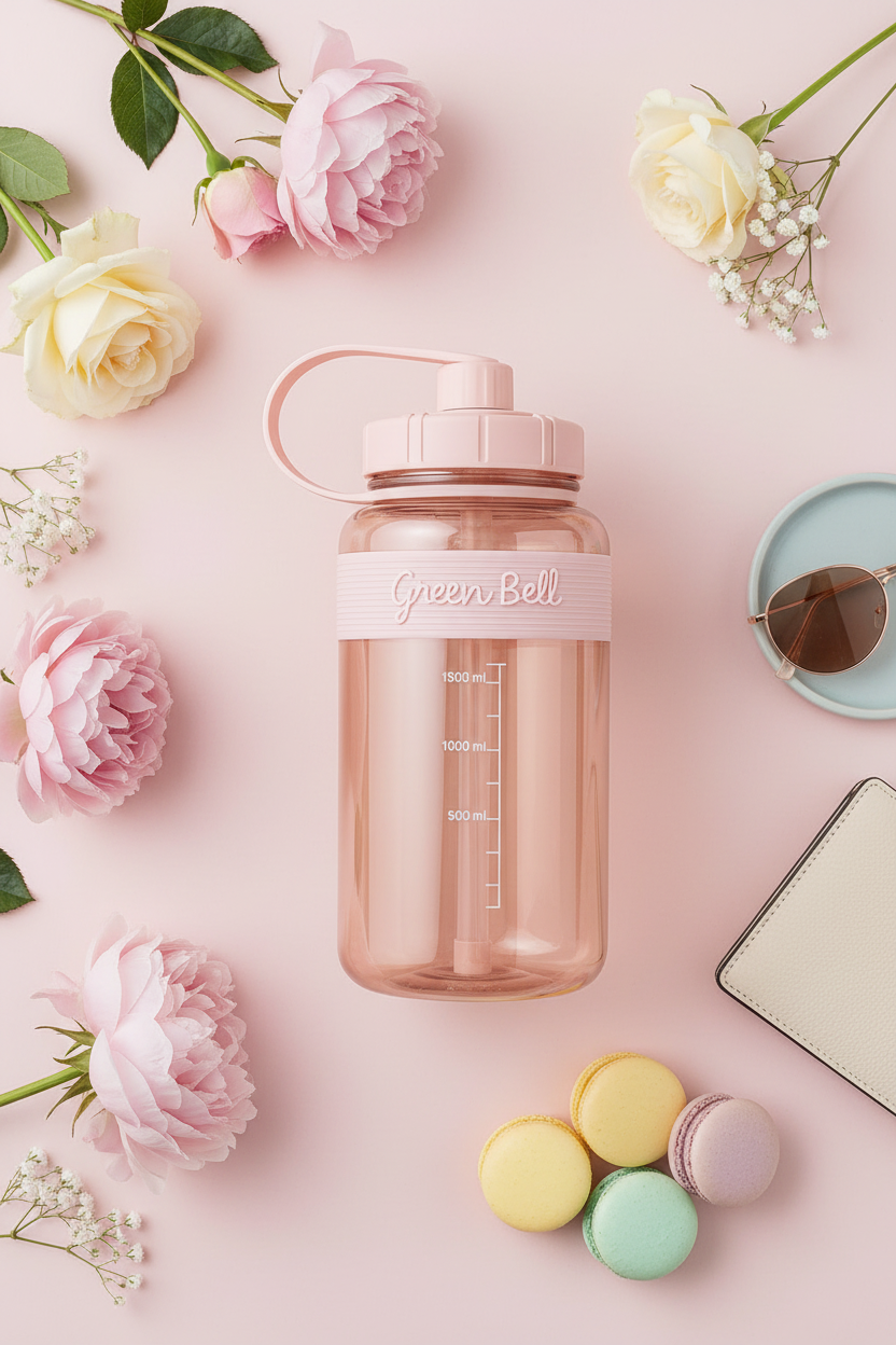 1500ML Macaron Rose Water Bottle – Leakproof BPA-Free Water Bottle with level Markers