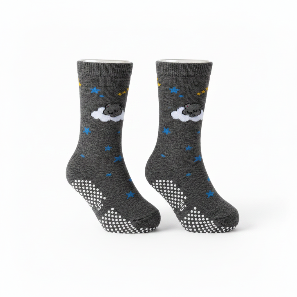 Non-Slip Socks for Kids 2-5 | Grip Socks for Active Child-Gray bear socks — dark gray sleeping bear