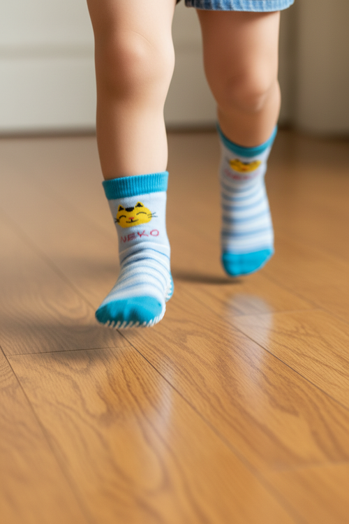 Kid running on wood floor - Blue NEKO Cat Socks